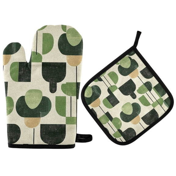 Yayeee Oven Mitts and Pot Holder Set of 2 Heat Resistant Kitchen Gloves Baking Hot Pad, Green Circle