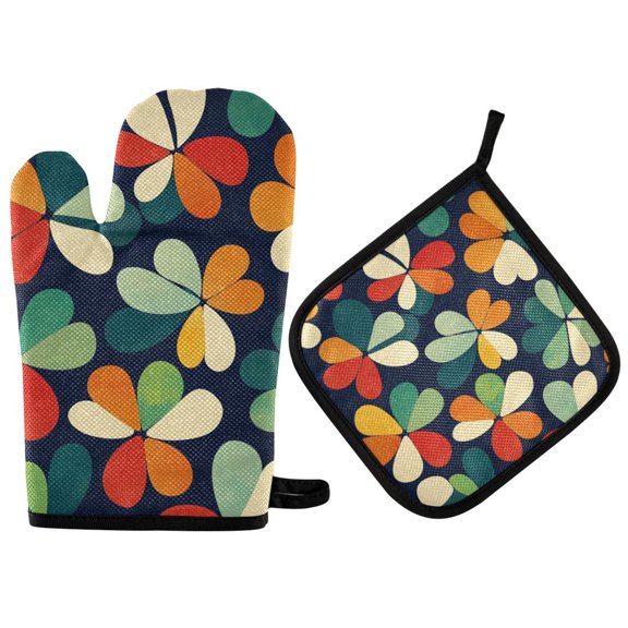 Yayeee Oven Mitts and Pot Holder Set of 2 Heat Resistant Kitchen Gloves Baking Hot Pad, Green Clover Pattern
