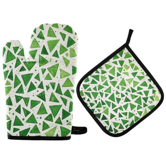 Yayeee Oven Mitts and Pot Holder Set of 2 Heat Resistant Kitchen Gloves Baking Hot Pad, Green Dot Triangles Pattern