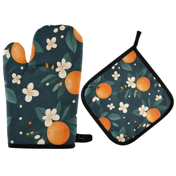 Yayeee Oven Mitts and Pot Holder Set of 2 Heat Resistant Kitchen Gloves Baking Hot Pad, Green Floral Oranges