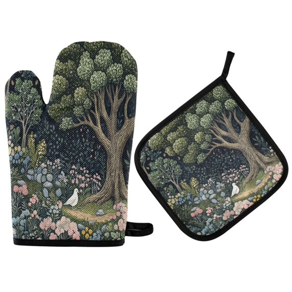 Yayeee Oven Mitts and Pot Holder Set of 2 Heat Resistant Kitchen Gloves Baking Hot Pad, Green Forest Scene