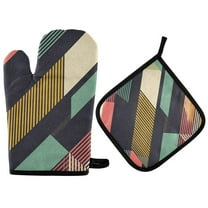 Yayeee Oven Mitts and Pot Holder Set of 2 Heat Resistant Kitchen Gloves Baking Hot Pad, Green Geometric