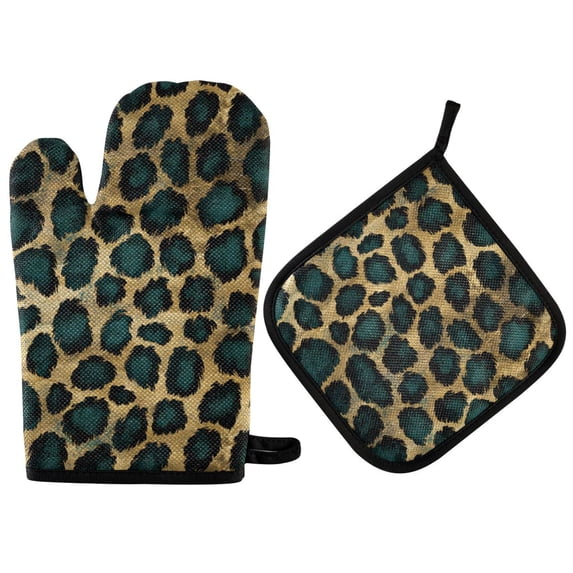 Yayeee Oven Mitts and Pot Holder Set of 2 Heat Resistant Kitchen Gloves Baking Hot Pad, Green Leopard Pattern