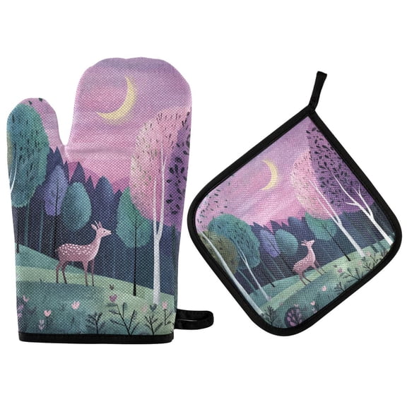 Yayeee Oven Mitts and Pot Holder Set of 2 Heat Resistant Kitchen Gloves Baking Hot Pad, Green Night Deer