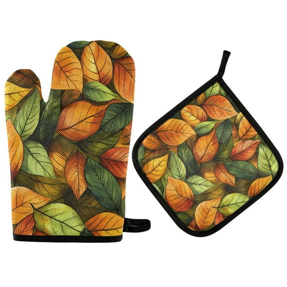 Yayeee Oven Mitts and Pot Holder Set of 2 Heat Resistant Kitchen Gloves Baking Hot Pad, Green Retro Leaves