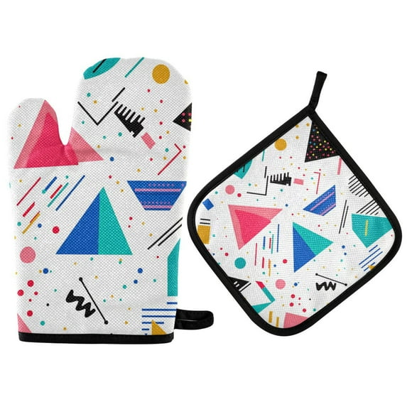 Yayeee Oven Mitts and Pot Holder Set of 2 Heat Resistant Kitchen Gloves Baking Hot Pad, Green Retro Triangles