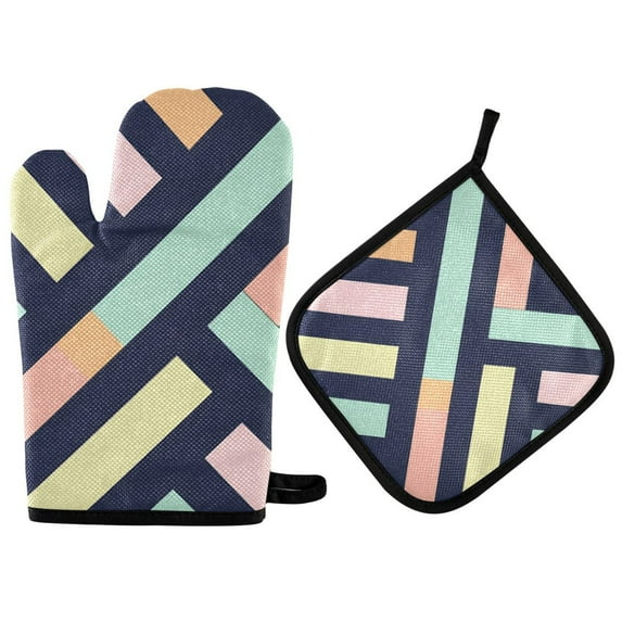 Yayeee Oven Mitts and Pot Holder Set of 2 Heat Resistant Kitchen Gloves Baking Hot Pad, Green Stripes