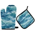thumbnail image 1 of Yayeee Oven Mitts and Pot Holder Set of 2 Heat Resistant Kitchen Gloves Baking Hot Pad, Green Watercolor Ocean Waves, 1 of 5