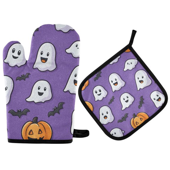 Yayeee Oven Mitts and Pot Holder Set of 2 Heat Resistant Kitchen Gloves Baking Hot Pad, Halloween Ghosts Purple