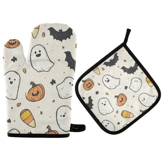 Yayeee Oven Mitts and Pot Holder Set of 2 Heat Resistant Kitchen Gloves Baking Hot Pad, Halloween Happy Ghosts