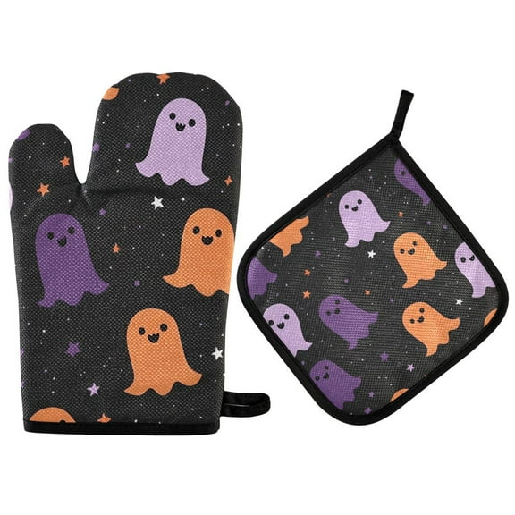 Yayeee Oven Mitts and Pot Holder Set of 2 Heat Resistant Kitchen Gloves Baking Hot Pad, Halloween Orange Ghosts