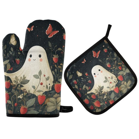 Yayeee Oven Mitts and Pot Holder Set of 2 Heat Resistant Kitchen Gloves Baking Hot Pad, Happy Ghost