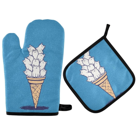 Yayeee Oven Mitts and Pot Holder Set of 2 Heat Resistant Kitchen Gloves Baking Hot Pad, Ice Cream Cat