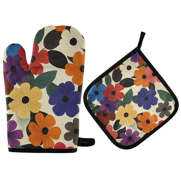 Yayeee Oven Mitts and Pot Holder Set of 2 Heat Resistant Kitchen Gloves Baking Hot Pad, Large Colorful Flowers Pattern