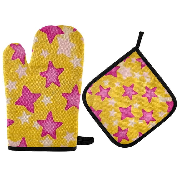 Yayeee Oven Mitts and Pot Holder Set of 2 Heat Resistant Kitchen Gloves Baking Hot Pad, Large Pink Stars