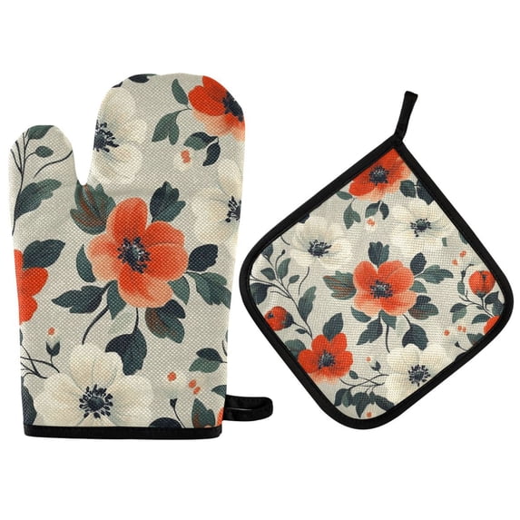 Yayeee Oven Mitts and Pot Holder Set of 2 Heat Resistant Kitchen Gloves Baking Hot Pad, Large Red Floral Pattern