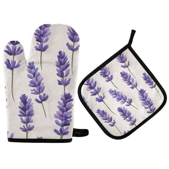 Yayeee Oven Mitts and Pot Holder Set of 2 Heat Resistant Kitchen Gloves Baking Hot Pad, Lavender Pattern