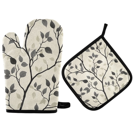 Yayeee Oven Mitts and Pot Holder Set of 2 Heat Resistant Kitchen Gloves Baking Hot Pad, Leaves Pattern