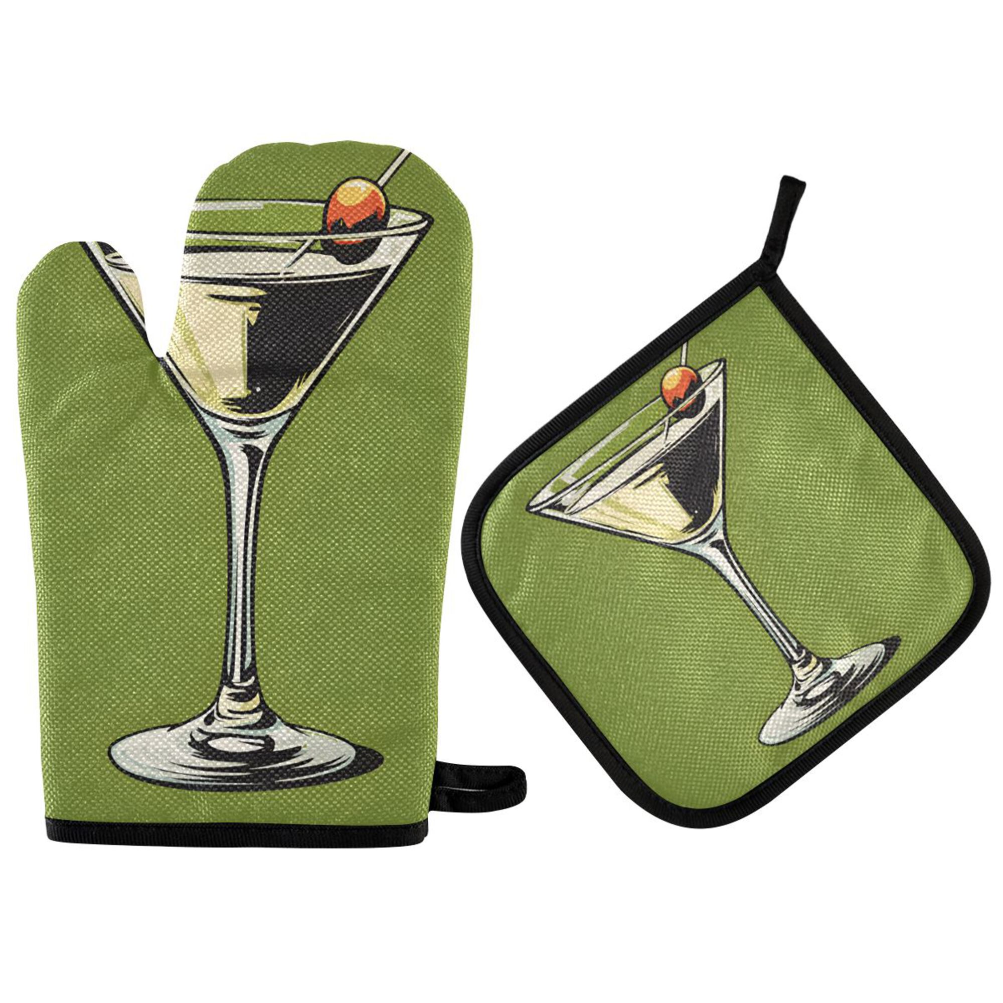 Yayeee Oven Mitts and Pot Holder Set of 2 Heat Resistant Kitchen Gloves Baking Hot Pad, Light Black Martini