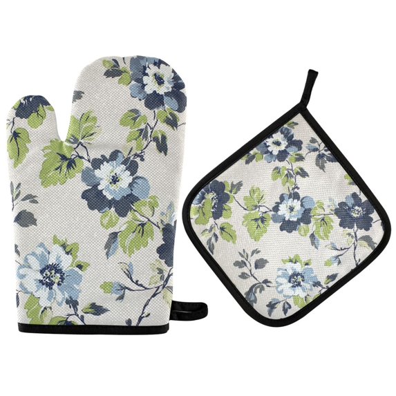 Yayeee Oven Mitts and Pot Holder Set of 2 Heat Resistant Kitchen Gloves Baking Hot Pad, Light Floral Pattern