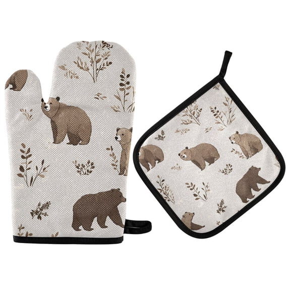 Yayeee Oven Mitts and Pot Holder Set of 2 Heat Resistant Kitchen Gloves Baking Hot Pad, Light Gray Bears