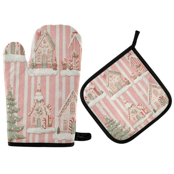 Yayeee Oven Mitts and Pot Holder Set of 2 Heat Resistant Kitchen Gloves Baking Hot Pad, Light Green Christmas Houses