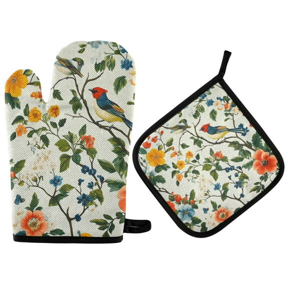 Yayeee Oven Mitts and Pot Holder Set of 2 Heat Resistant Kitchen Gloves Baking Hot Pad, Light Green Floral Pattern