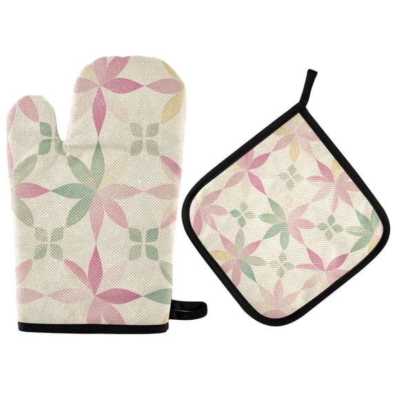 Yayeee Oven Mitts and Pot Holder Set of 2 Heat Resistant Kitchen Gloves Baking Hot Pad, Light Pink Geometric