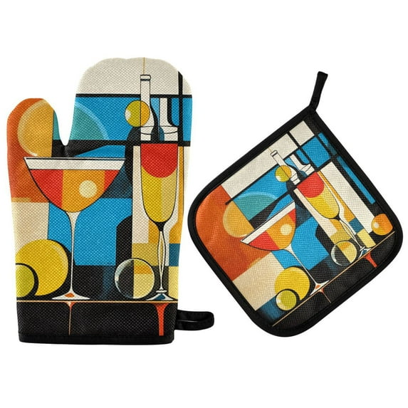 Yayeee Oven Mitts and Pot Holder Set of 2 Heat Resistant Kitchen Gloves Baking Hot Pad, Modern Cocktails