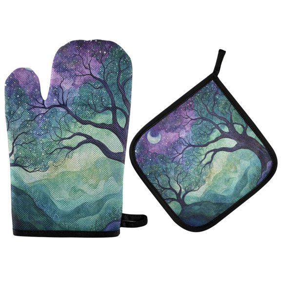 Yayeee Oven Mitts and Pot Holder Set of 2 Heat Resistant Kitchen Gloves Baking Hot Pad, Moonlight Forest