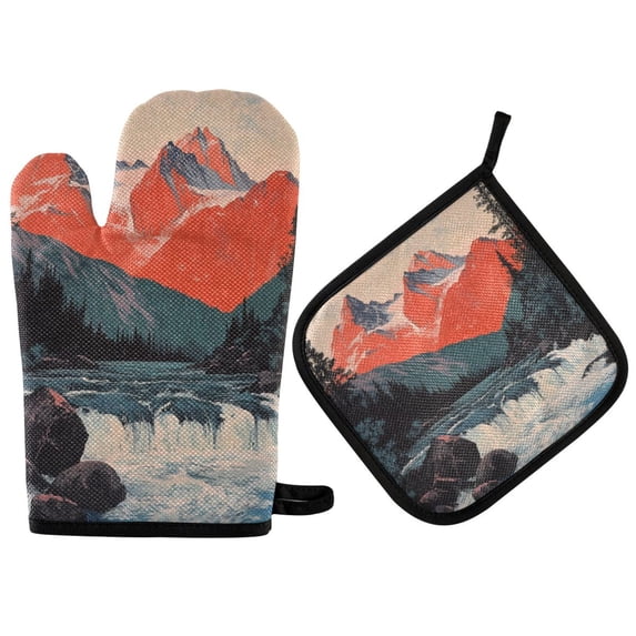 Yayeee Oven Mitts and Pot Holder Set of 2 Heat Resistant Kitchen Gloves Baking Hot Pad, Mountains at Dawn