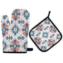 Yayeee Oven Mitts and Pot Holder Set of 2 Heat Resistant Kitchen Gloves Baking Hot Pad, Navy Blossom Mosaic