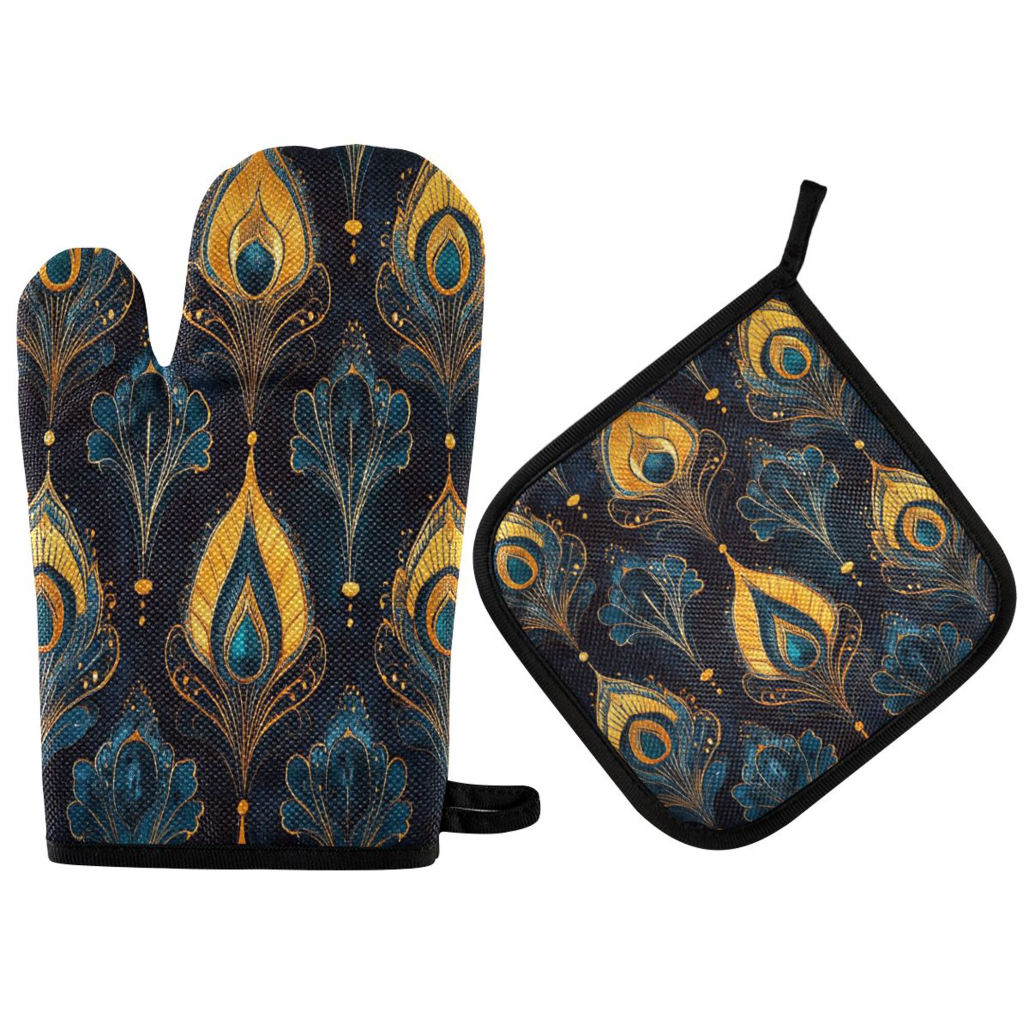 Yayeee Oven Mitts and Pot Holder Set of 2 Heat Resistant Kitchen Gloves Baking Hot Pad, Navy Blue Art Pattern