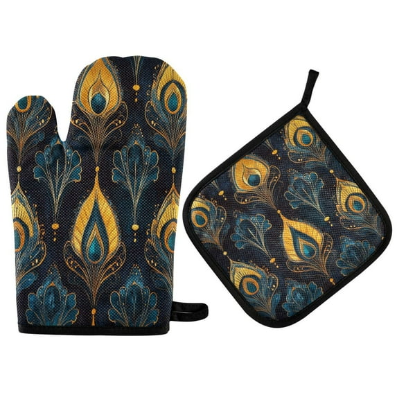 Yayeee Oven Mitts and Pot Holder Set of 2 Heat Resistant Kitchen Gloves Baking Hot Pad, Navy Blue Art Pattern