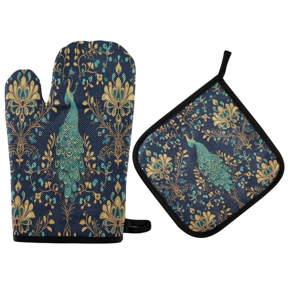 Yayeee Oven Mitts and Pot Holder Set of 2 Heat Resistant Kitchen Gloves Baking Hot Pad, Navy Blue Peacock Pattern