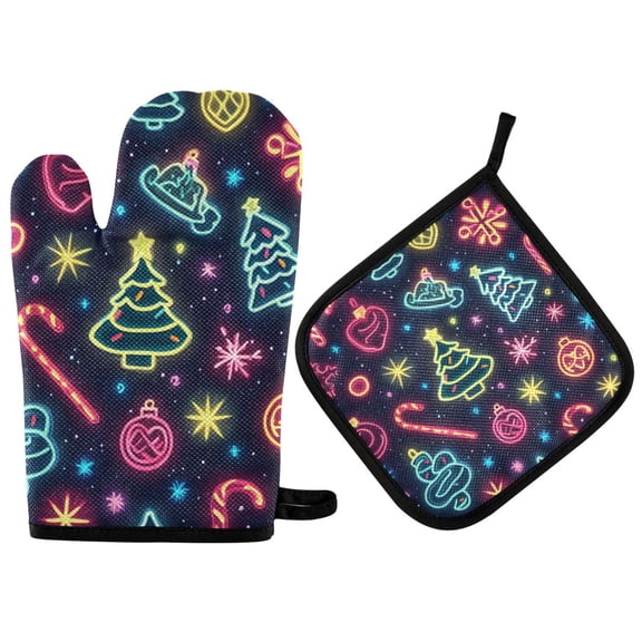 Yayeee Oven Mitts and Pot Holder Set of 2 Heat Resistant Kitchen Gloves Baking Hot Pad, Neon Christmas