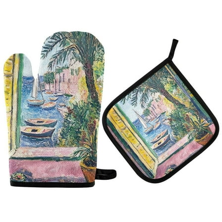 Yayeee Oven Mitts and Pot Holder Set of 2 Heat Resistant Kitchen Gloves Baking Hot Pad, Ocean Boat