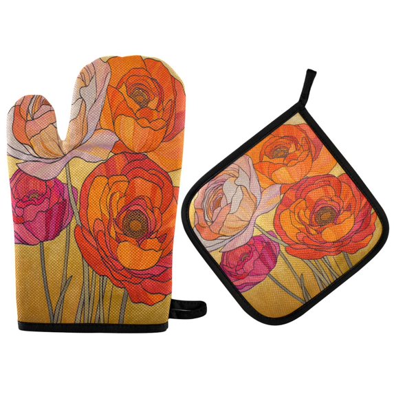 Yayeee Oven Mitts and Pot Holder Set of 2 Heat Resistant Kitchen Gloves Baking Hot Pad, Orange Abstract Floral