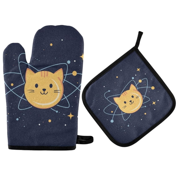 Yayeee Oven Mitts and Pot Holder Set of 2 Heat Resistant Kitchen Gloves Baking Hot Pad, Orange Cat Planet