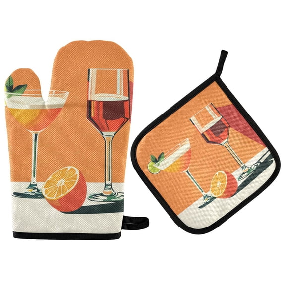 Yayeee Oven Mitts and Pot Holder Set of 2 Heat Resistant Kitchen Gloves Baking Hot Pad, Orange Glasses