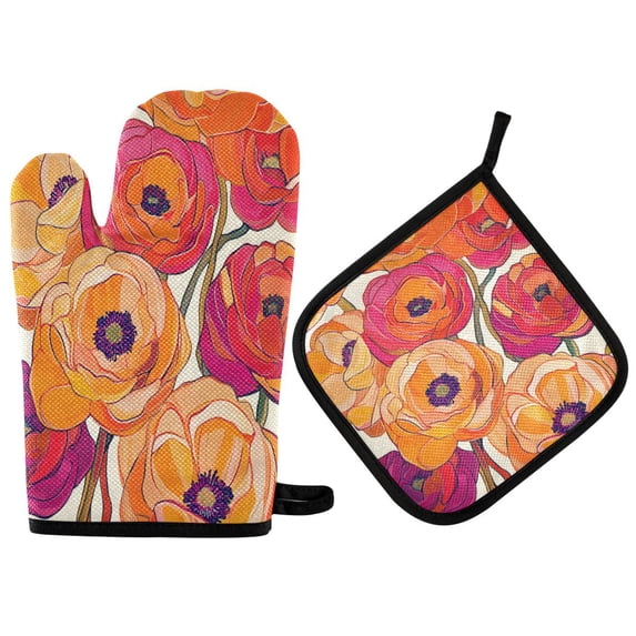 Yayeee Oven Mitts and Pot Holder Set of 2 Heat Resistant Kitchen Gloves Baking Hot Pad, Orange Hand Drawn Floral