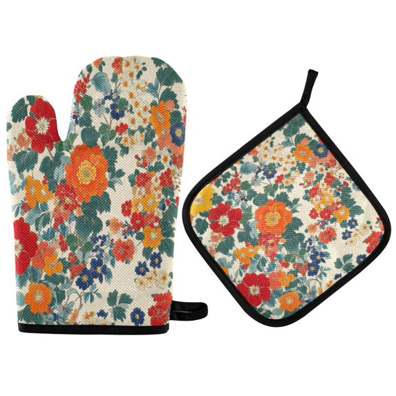 Yayeee Oven Mitts and Pot Holder Set of 2 Heat Resistant Kitchen Gloves Baking Hot Pad, Orange Japanese Flowers Pattern