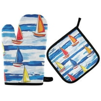 Yayeee Oven Mitts and Pot Holder Set of 2 Heat Resistant Kitchen Gloves Baking Hot Pad, Orange Sailboats