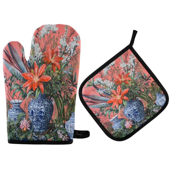 Yayeee Oven Mitts and Pot Holder Set of 2 Heat Resistant Kitchen Gloves Baking Hot Pad, Orange Vibrant Flowers
