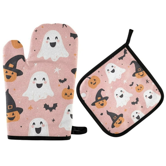 Yayeee Oven Mitts and Pot Holder Set of 2 Heat Resistant Kitchen Gloves Baking Hot Pad, Pastel Pink Halloween