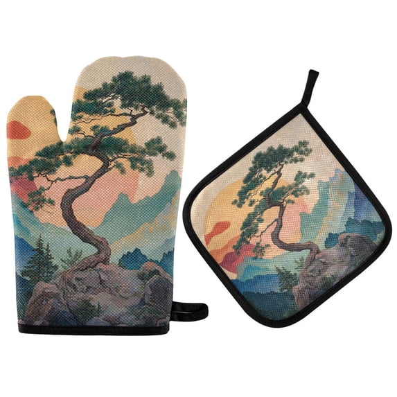 Yayeee Oven Mitts and Pot Holder Set of 2 Heat Resistant Kitchen Gloves Baking Hot Pad, Pine Tree at Dawn