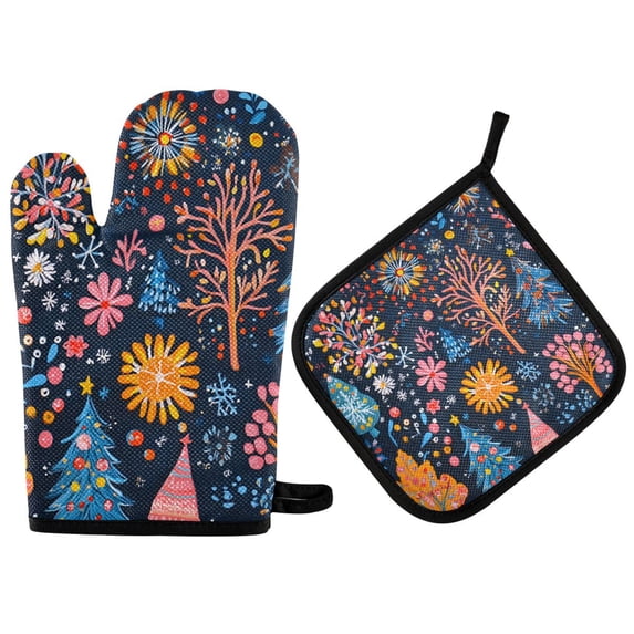 Yayeee Oven Mitts and Pot Holder Set of 2 Heat Resistant Kitchen Gloves Baking Hot Pad, Pink Christmas Splendor