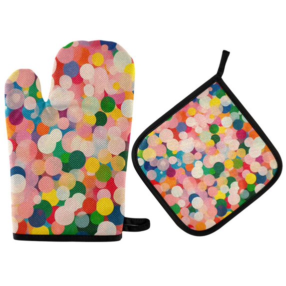 Yayeee Oven Mitts and Pot Holder Set of 2 Heat Resistant Kitchen Gloves Baking Hot Pad, Pink Colorful Circles