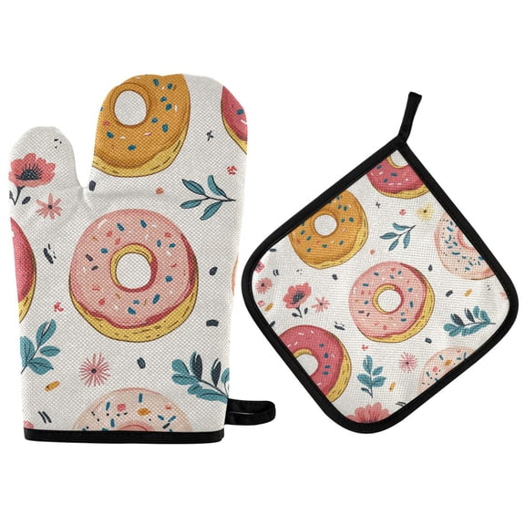 Yayeee Oven Mitts and Pot Holder Set of 2 Heat Resistant Kitchen Gloves Baking Hot Pad, Pink Donut
