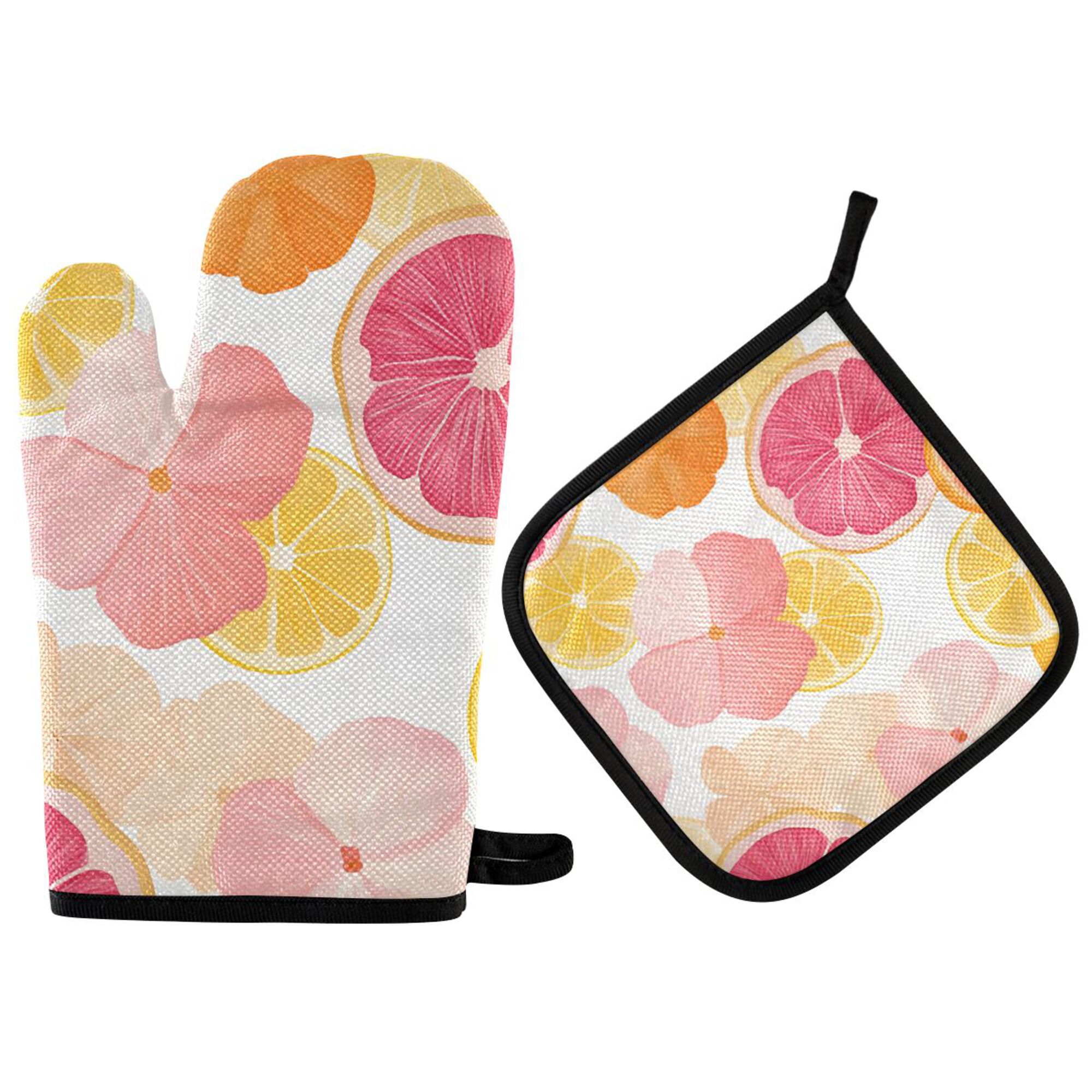 Yayeee Oven Mitts and Pot Holder Set of 2 Heat Resistant Kitchen Gloves Baking Hot Pad, Pink Floral Orange